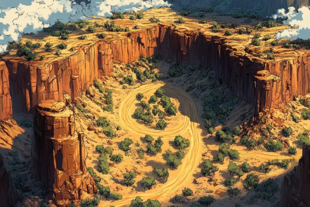 Sunlit desert canyon map showing winding trails across sandy ground between tall carved cliffs and shaded ravines.