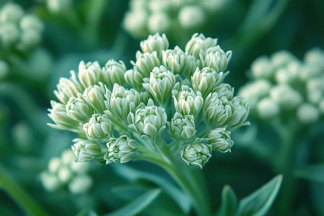 Close-up of clustered succulent buds on green plant, natural light with soft blurred background