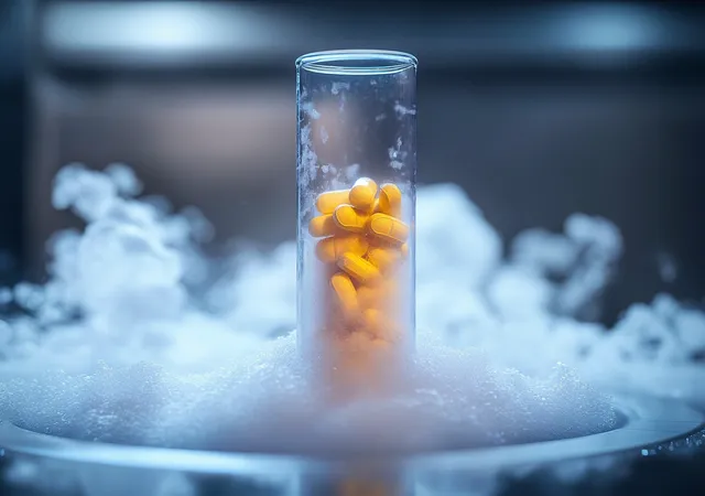 Orange tablets in a transparent cylinder with cold mist and ice crystals