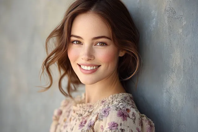 Young woman smiling by textured gray wall, floral blouse, soft natural light