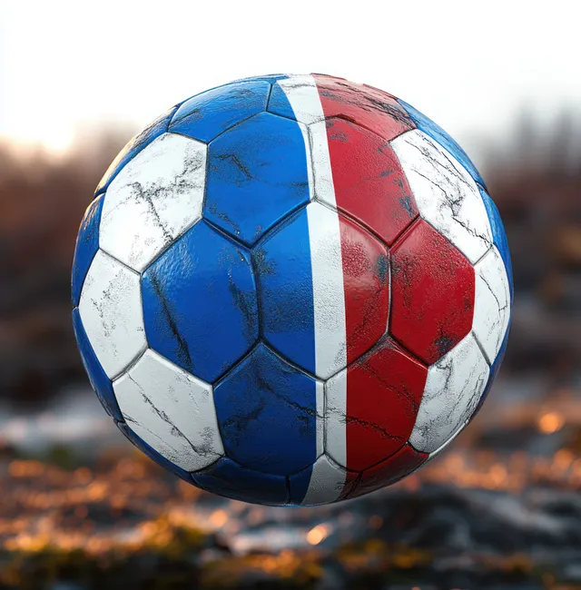 Scotland-flag soccer ball under a bright stadium spotlight with a blurred crowd behind it.