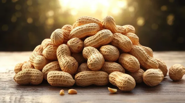 A pile of unshelled peanuts sits on rustic wood with warm golden bokeh lights in the background.