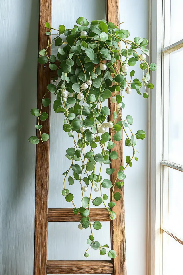 Trailing green plant with round leaves and white beads hangs on a wooden ladder beside a bright window.
