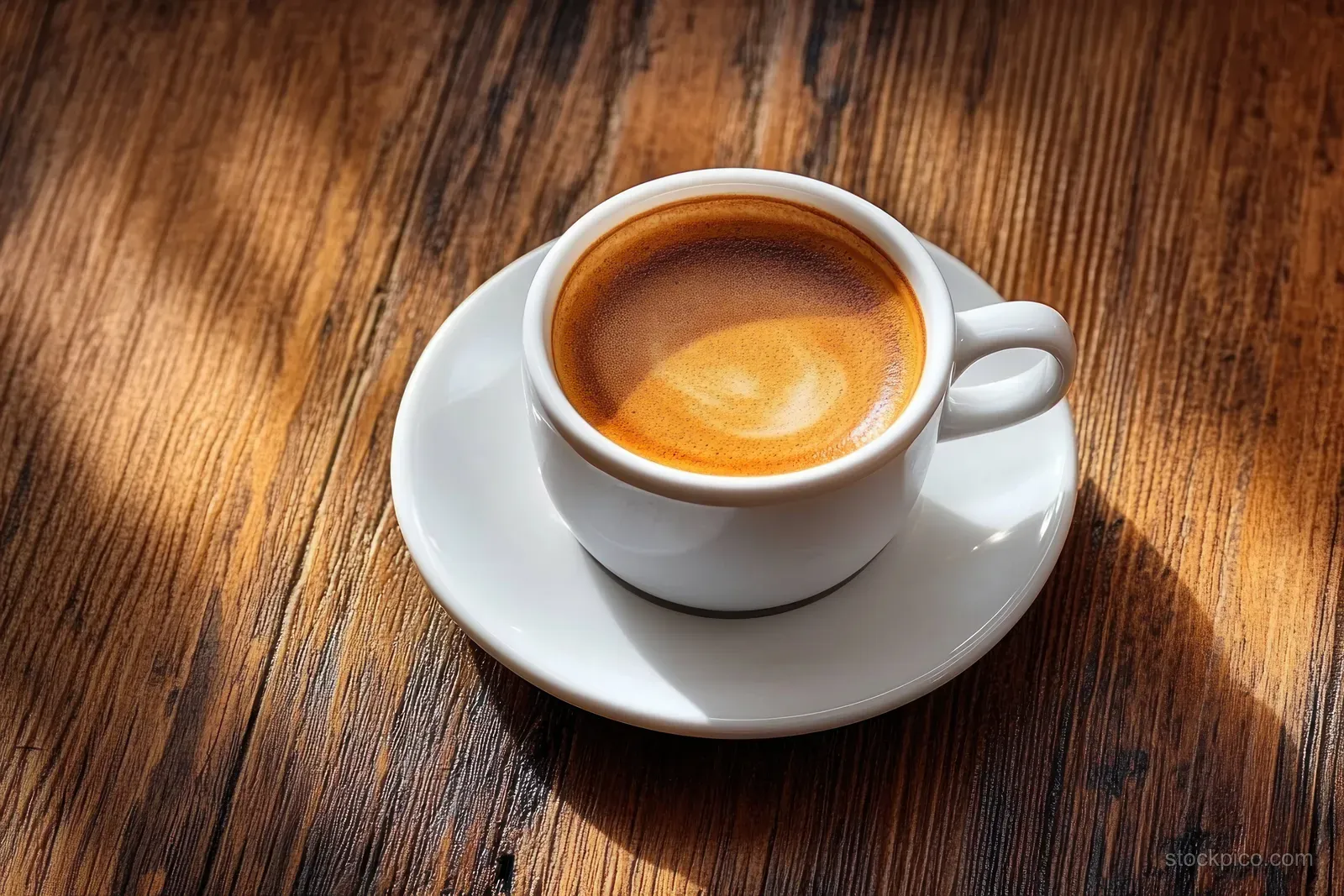 A white espresso cup with golden crema on a saucer rests on a wooden table in warm sunlight.