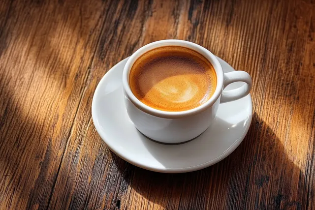 White ceramic espresso cup on saucer over wooden table with warm sunlight and crema surface
