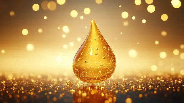 A golden serum droplet hovers above sparkling particles on a warm soft gradient background with bokeh lights.