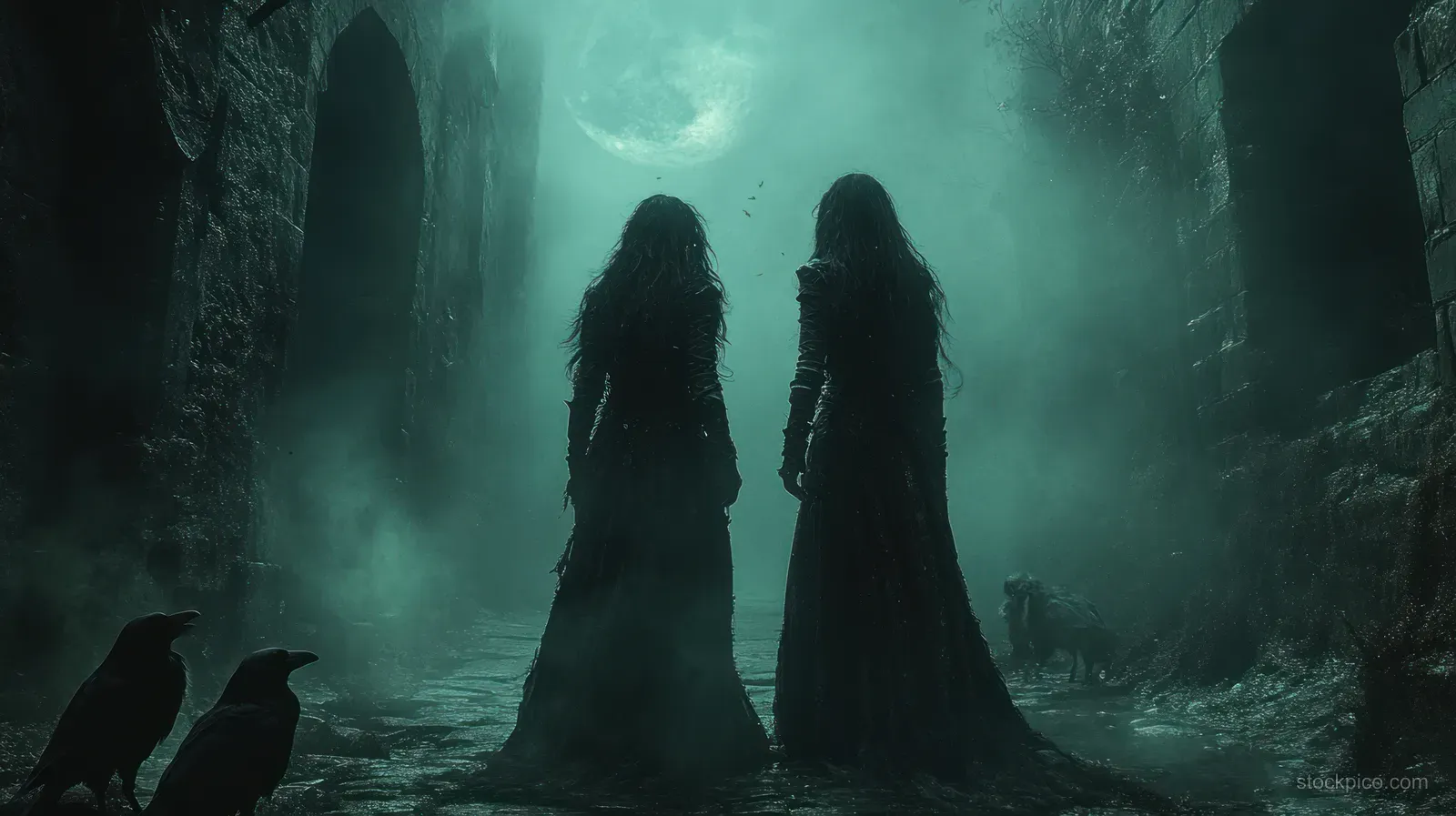 Two cloaked women stand in a foggy alley at night while ravens fly overhead and wolves crowd the shadows.