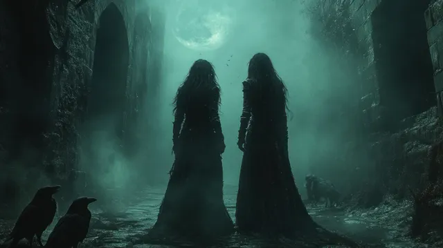 Two cloaked women stand in a foggy alley at night while ravens fly overhead and wolves crowd the shadows.