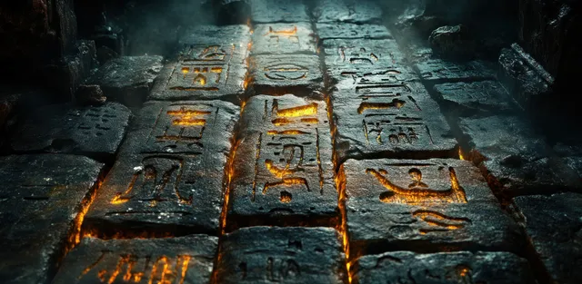 Weathered stone wall covered with ancient Greek inscriptions highlighted by warm sunlight.