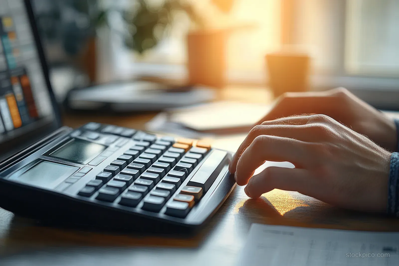 A businessman’s hands press calculator keys while a notebook lies on a minimal office desk.