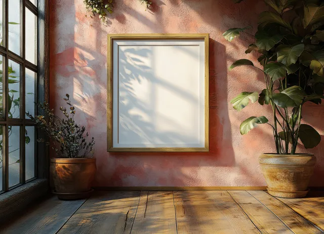 Blank wooden picture frame on a wall with sunlit shadows across a wooden floor and potted plants beside it.