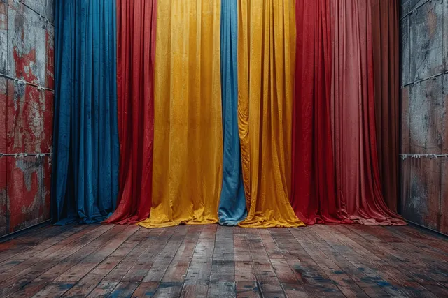 Empty theatre stage with multicolored curtains and dusty wood floor