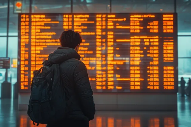 Traveler with a backpack watches an illuminated flight information board in an airport terminal.