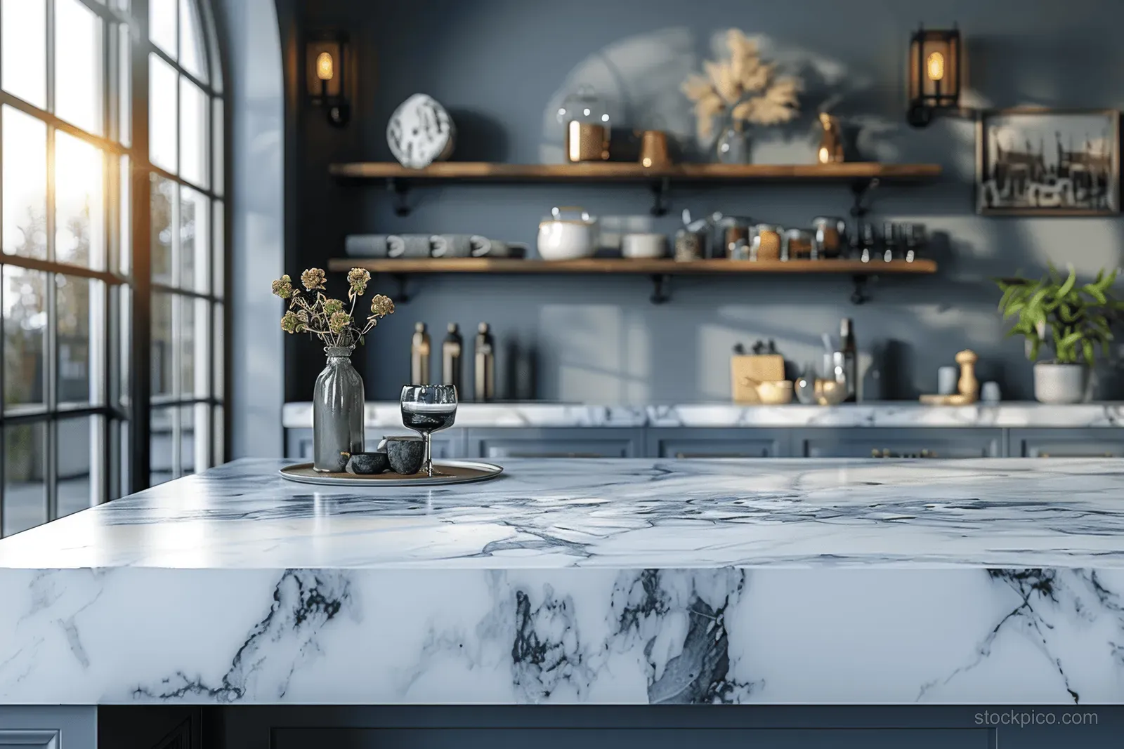 Marble kitchen island with patterned veining, wooden floating shelves, dishware, and warm pendant lighting.