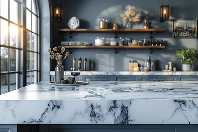 Marble kitchen island under warm pendant lights with wooden shelves and neatly arranged dishes