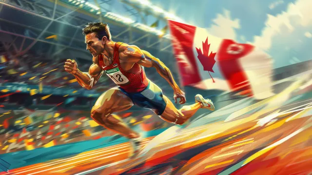 Canadian sprinter in red kit races along the 100m track while a maple leaf flag waves behind in stadium motion blur.
