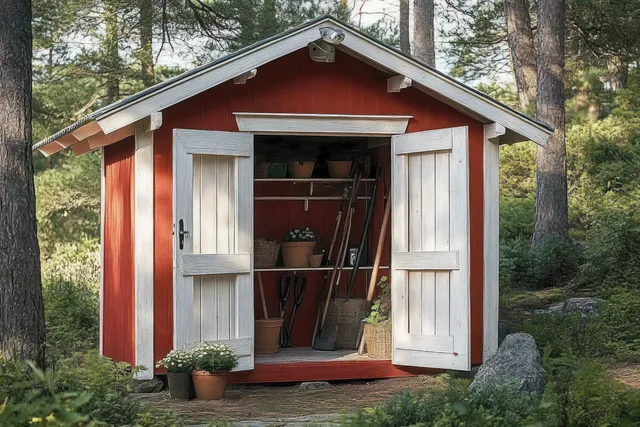 Open red garden shed in a wooded yard showing shovels and potted plants inside.