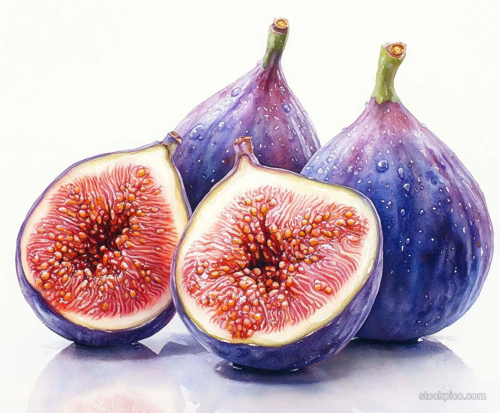 Watercolor painting of whole and sliced ripe figs with red interiors on a white background.