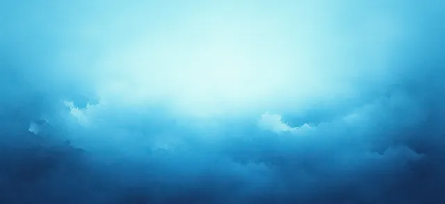 Soft blue sky gradient background with textured clouds and subtle light haze center