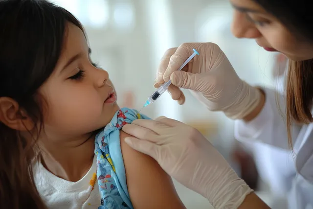 Gloved nurse injects an infant’s arm with a syringe during a pediatric clinic visit.