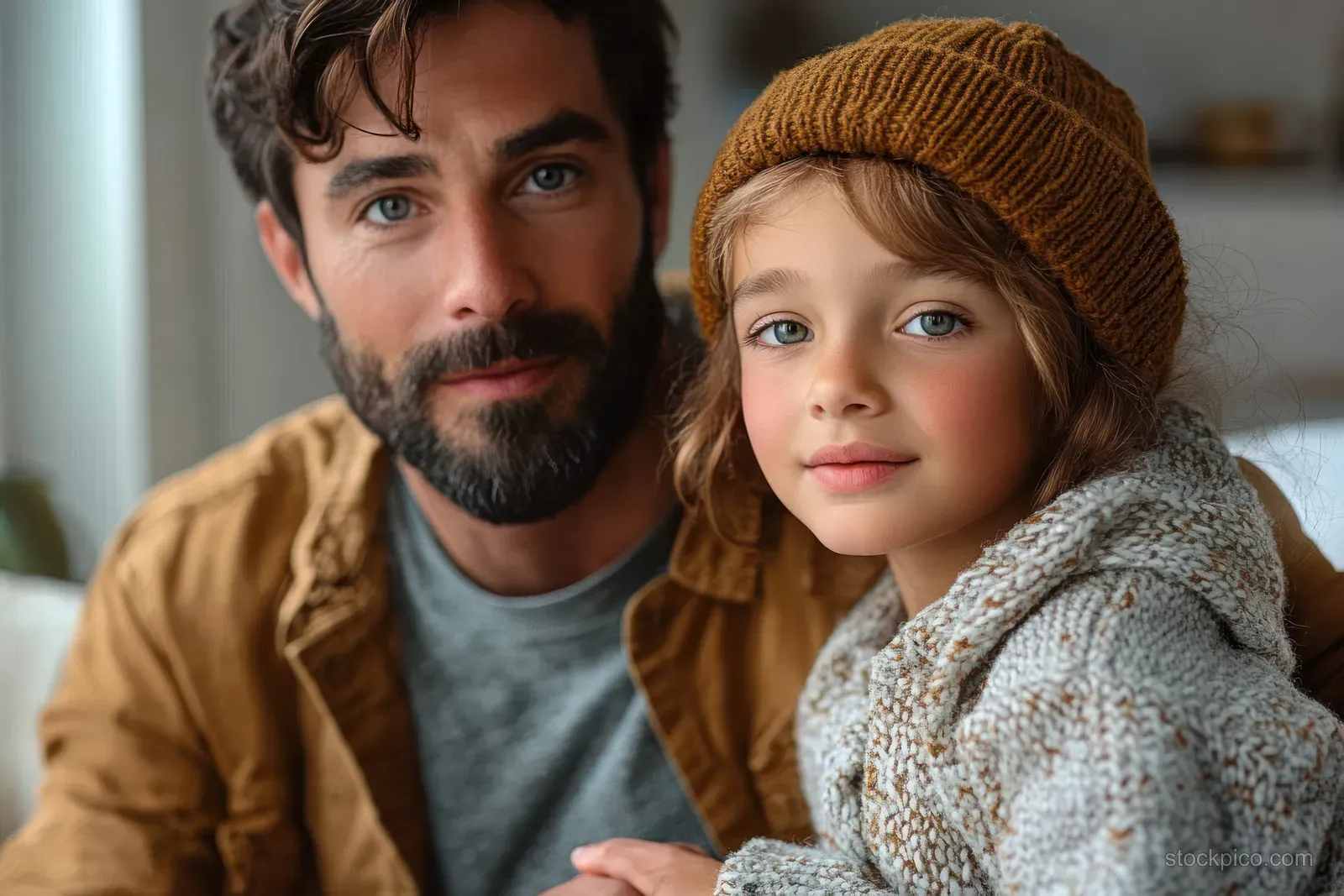 A bearded man and a young girl in knit hats and sweaters look calmly at the camera indoors.