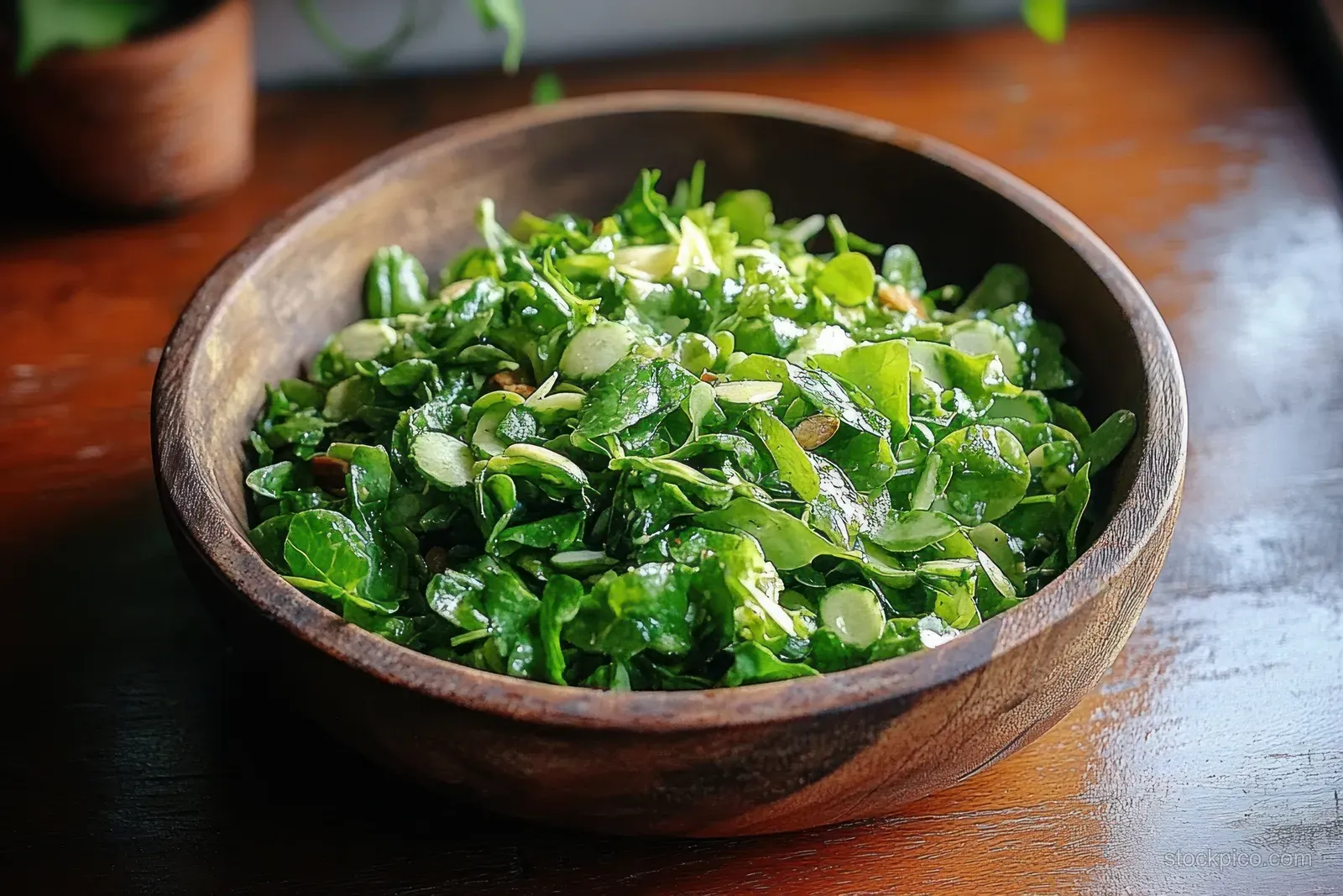 Close-up of Indonesian trancam urap salad in a rustic wooden bowl with green herbs and grated coconut.