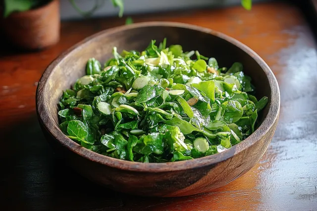 Indonesian trancam urap salad in rustic wooden bowl with fresh grated coconut