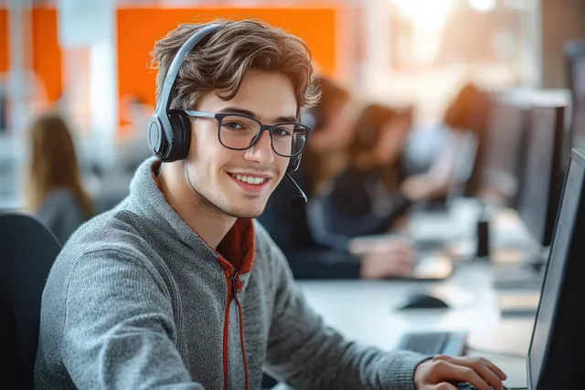 Young man in glasses and headset typing on a desktop computer at a busy call-center desk.