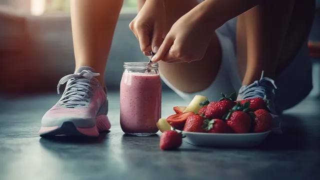 Person stirring a pink smoothie jar on the floor beside a fruit plate of strawberries and sliced apples.