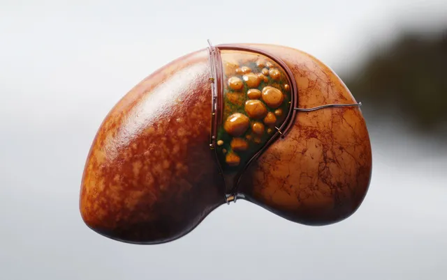 Floating cross-section liver with fatty yellow deposits visible under soft diffused light against a blurred background.