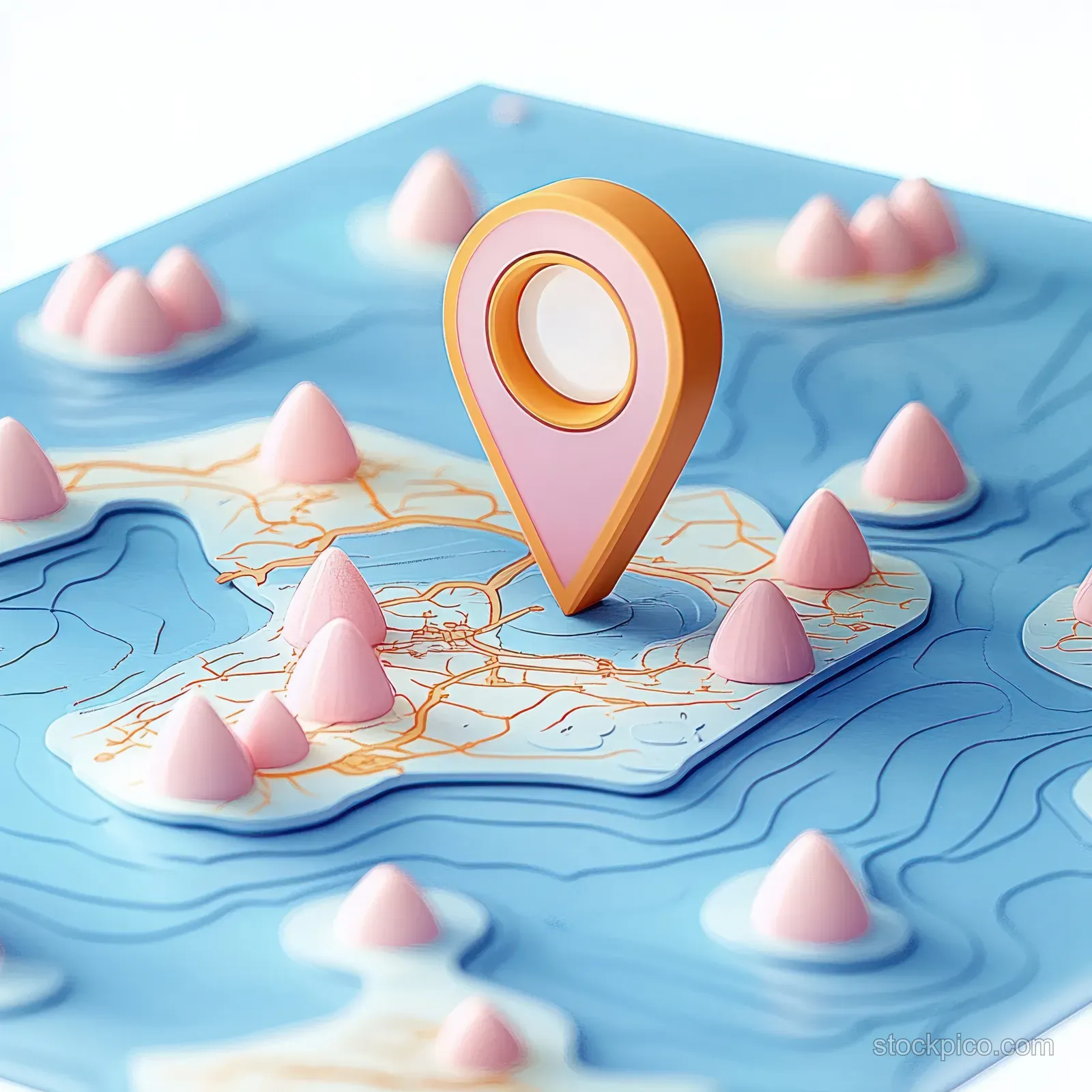 Golden location pin stands out on a raised 3D island map surrounded by blue water.