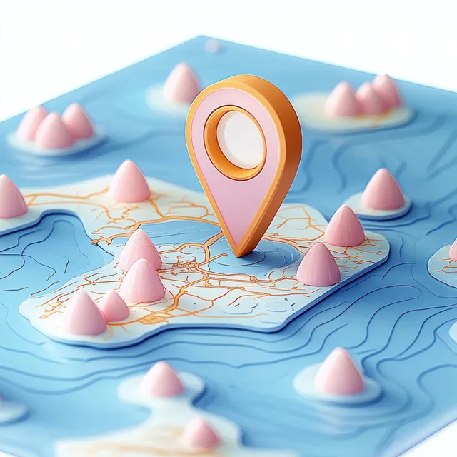 Golden location pin stands out on a raised 3D island map surrounded by blue water.