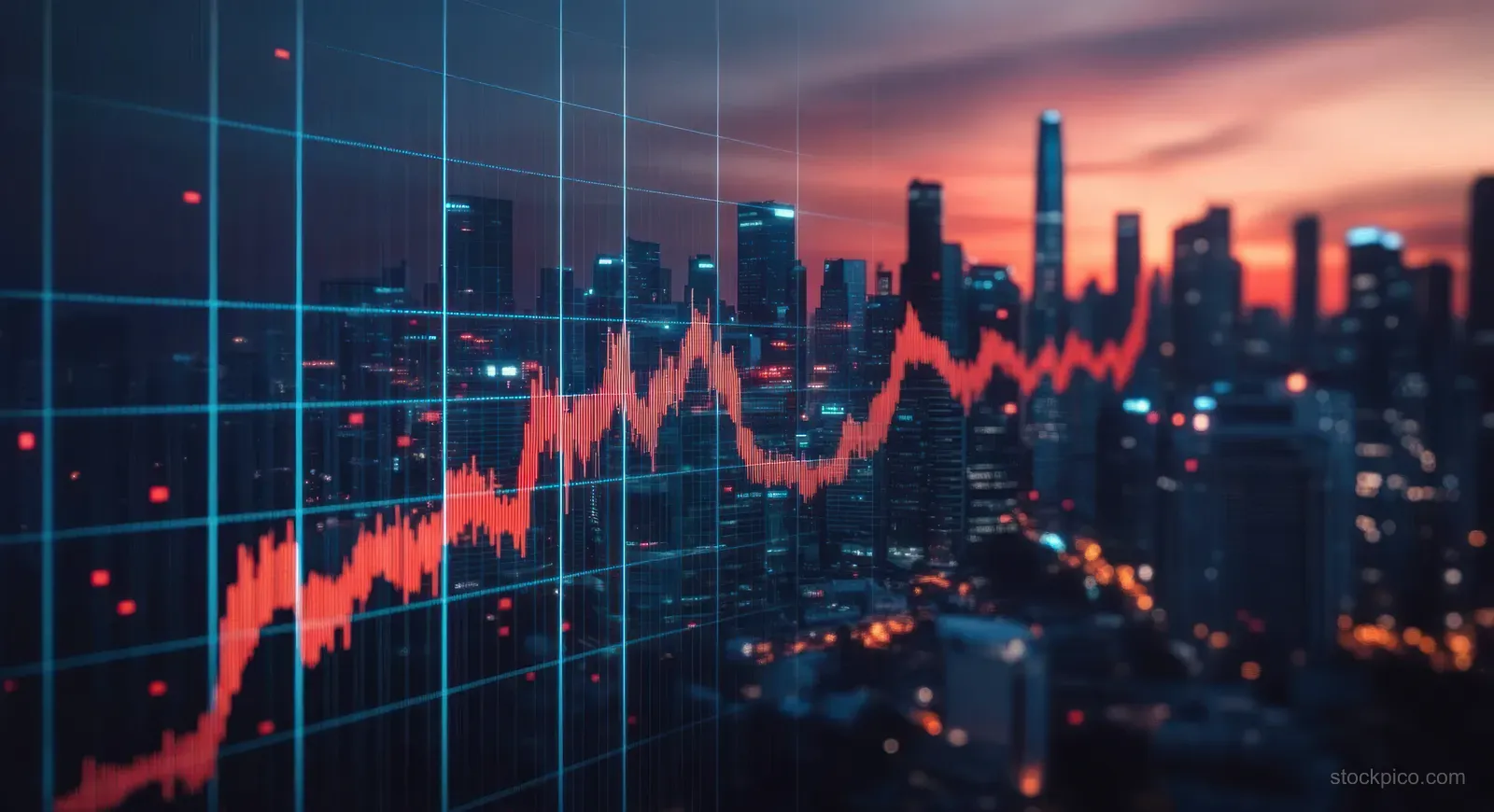 Red fluctuating finance graph overlays a dusk city skyline with illuminated skyscrapers and glowing lights.