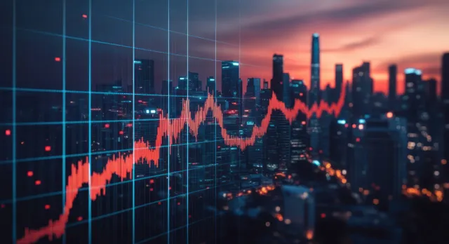 Red fluctuating finance graph overlays a dusk city skyline with illuminated skyscrapers and glowing lights.