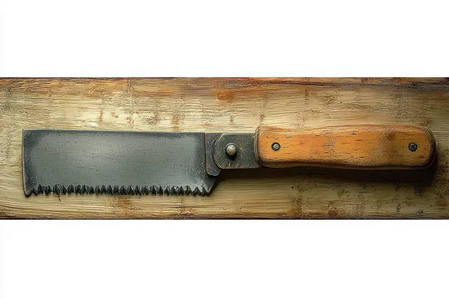 Vintage serrated hand saw with wooden handle resting on textured timber background