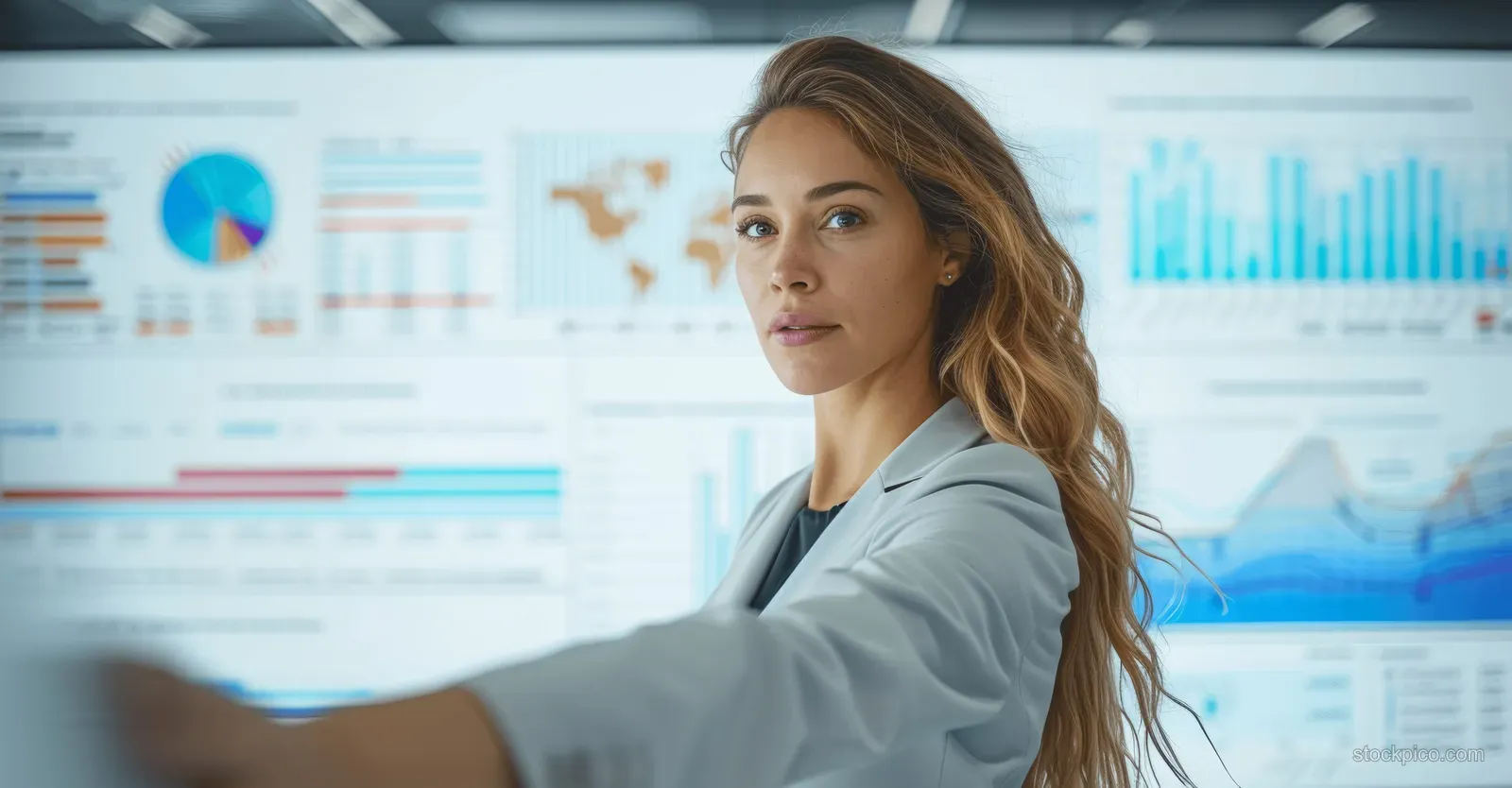 A Hispanic woman in an office studies risk analytics dashboards on a large wall monitor.