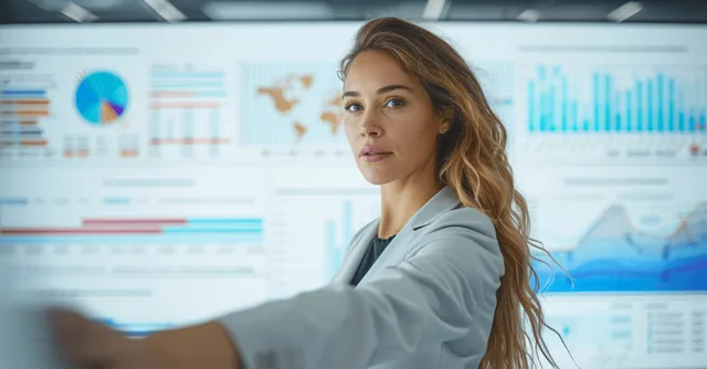 A Hispanic woman in an office studies risk analytics dashboards on a large wall monitor.