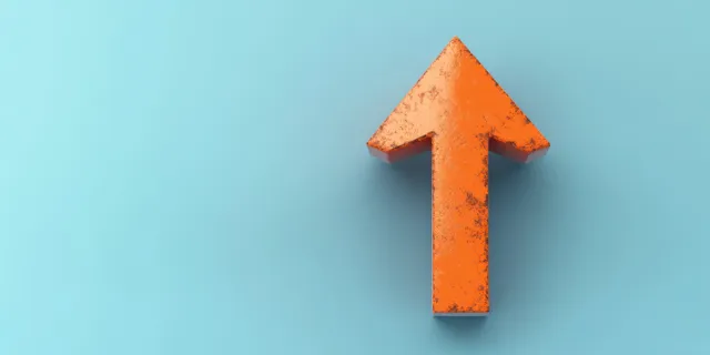 Minimalist 3D illustration of an upward orange arrow on a cyan background, representing growth and progress.
