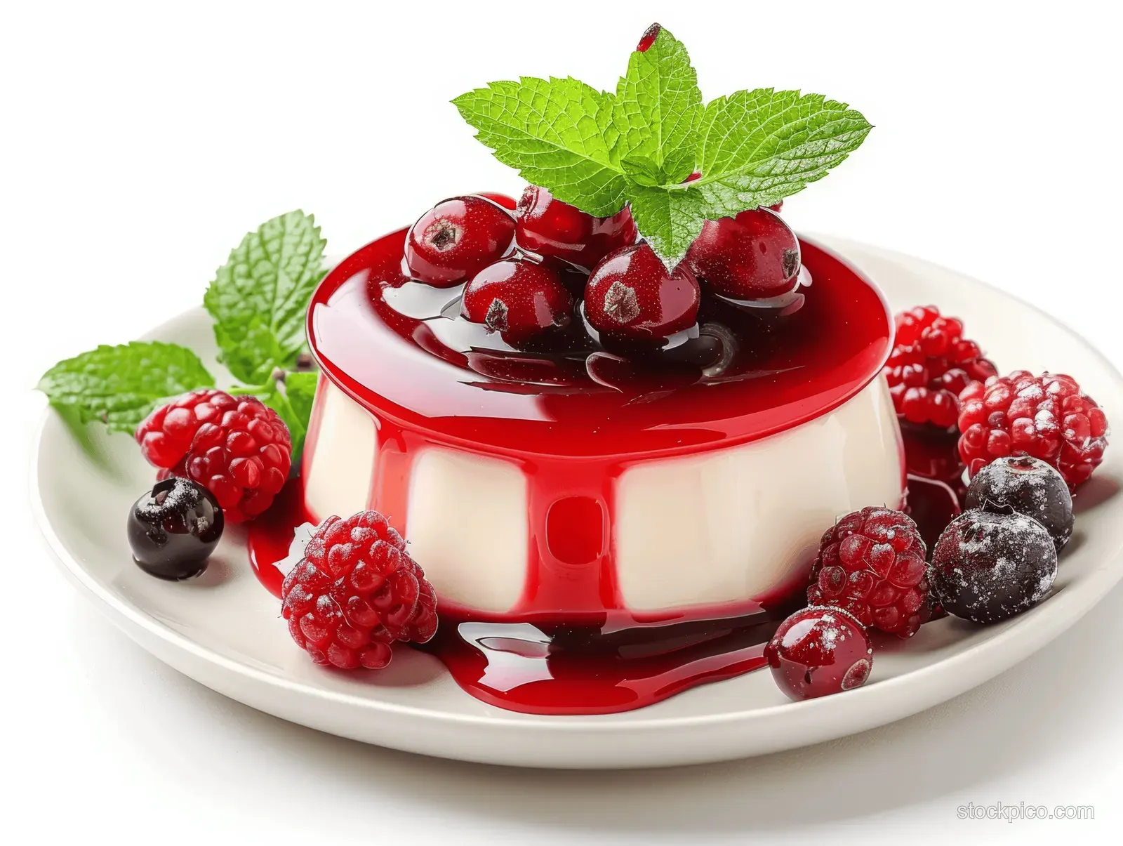 Creamy panna cotta on a white plate with glossy red berry coulis, red jelly, and fresh berries.