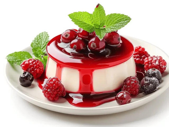 Creamy panna cotta on a white plate with glossy red berry coulis, red jelly, and fresh berries.