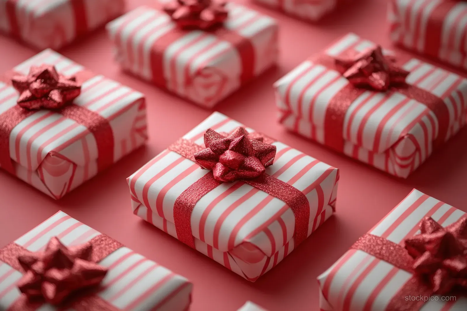 Red and white striped Christmas gifts with glittery bows laid out on a red background.