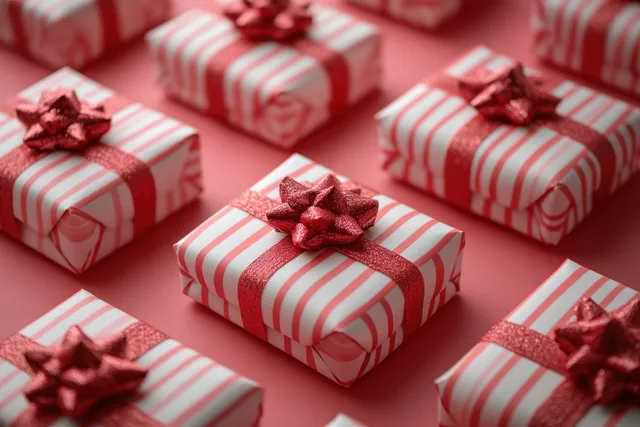 Red and white striped Christmas gifts with glittery bows laid out on a red background.