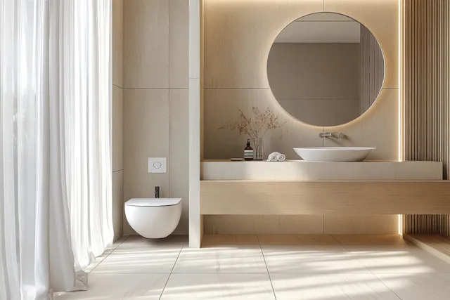 Sunlit minimalist bathroom showing a floating vanity, round illuminated mirror, sheer curtains, and a wall-mounted toilet.