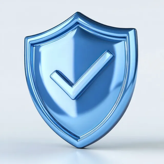 Blue shield icon with check mark, 3D protection symbol on clean light background
