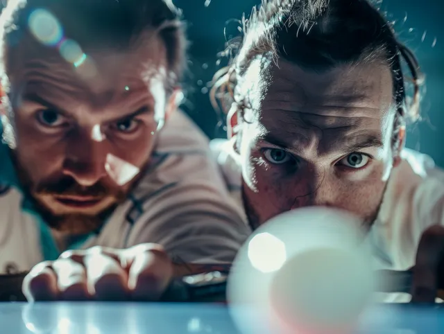 German table tennis players compete in doubles during an indoor rally with a blurred background.