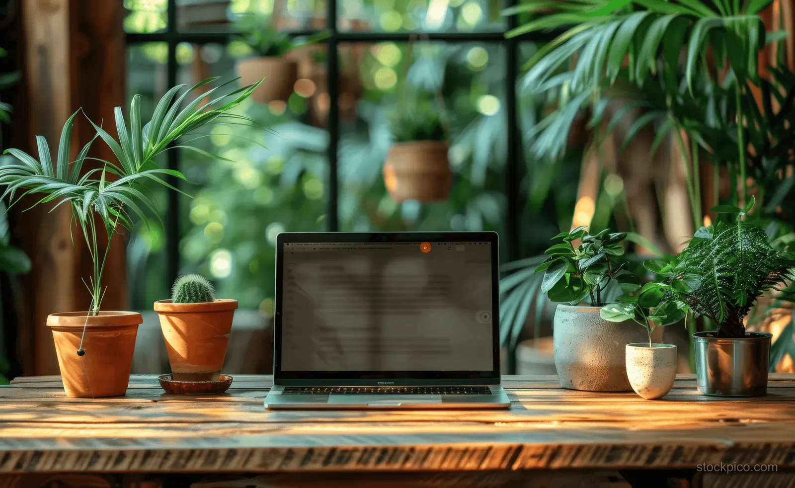Laptop on a wooden desk surrounded by potted plants in a sunlit home office.