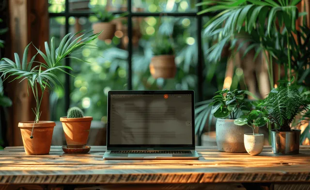 Laptop on a wooden desk surrounded by potted plants in a sunlit home office.
