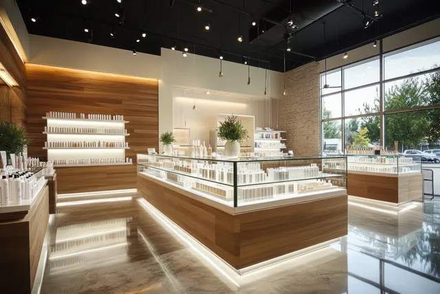 Warm wood dispensary interior shows illuminated product display counters and large floor-to-ceiling windows.
