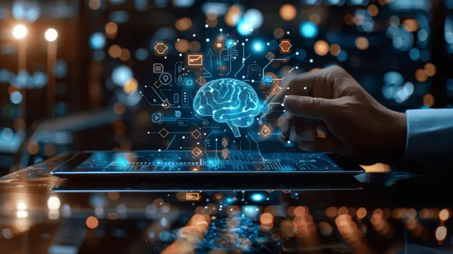 Man using tablet with glowing AI brain overlay on networked digital interface