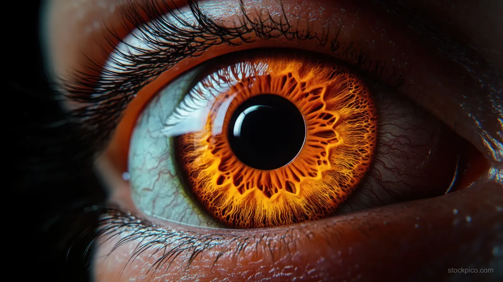 An extreme close-up shows a human eye with an orange iris, detailed lashes, and visible skin texture around the eyelid.